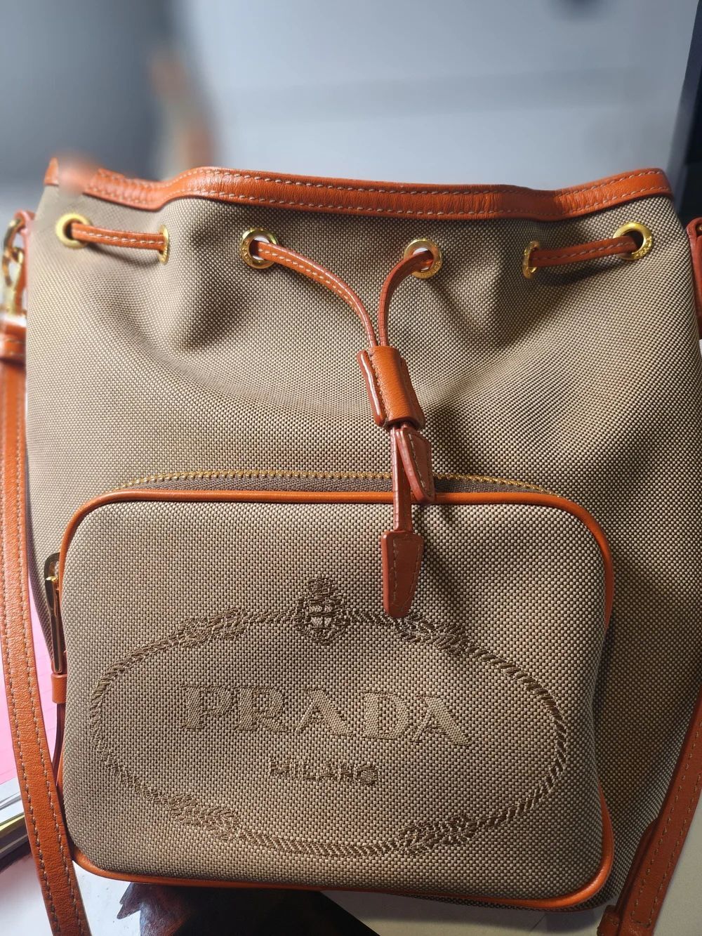 Prada Beige Canvas Duet Drawstring Bucket Crossbody with Leather Trim - Picture 7 of 12
